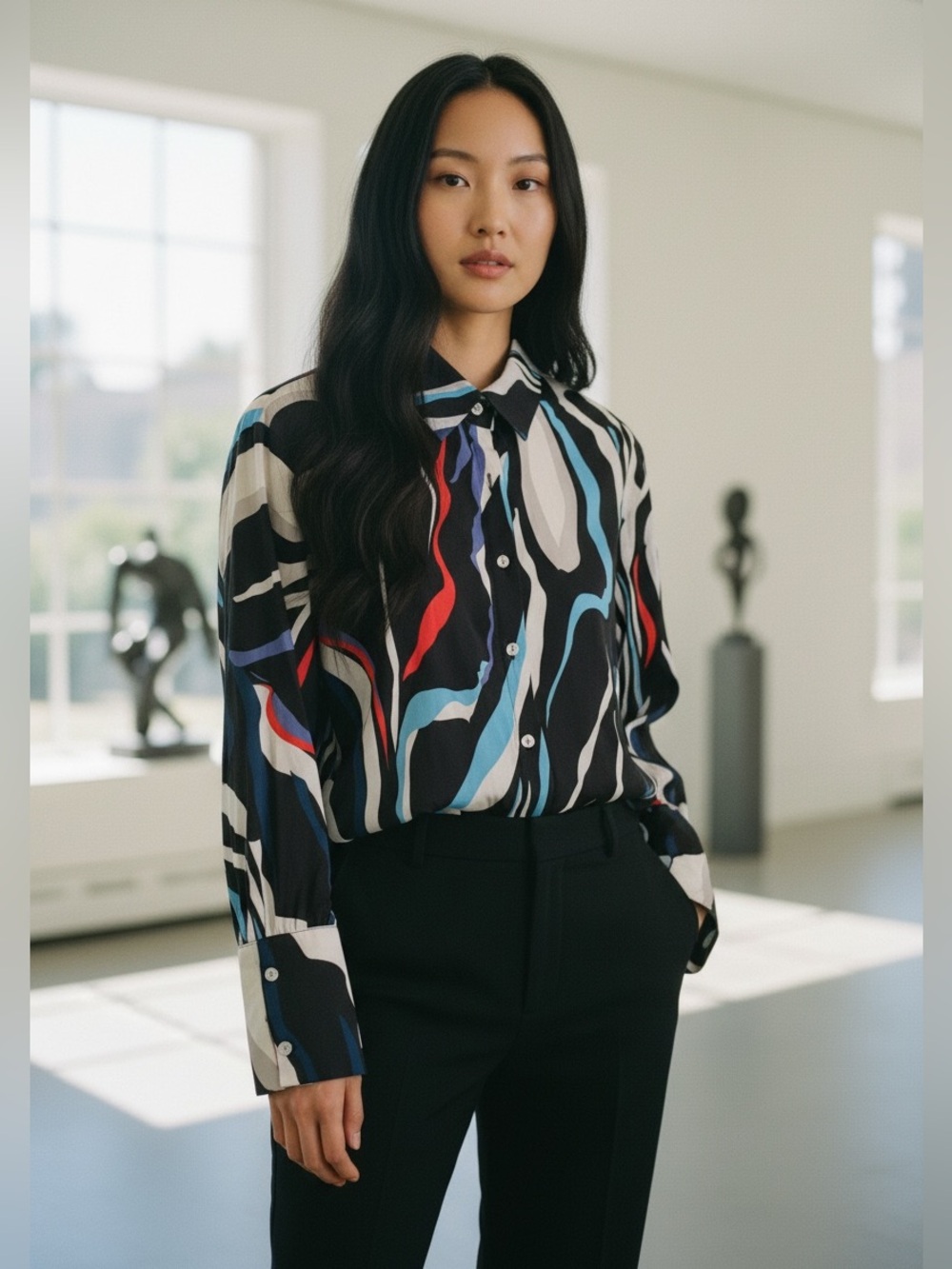 SHEIN Black Abstract Button-Front Blouse with Blue & Red Swirls